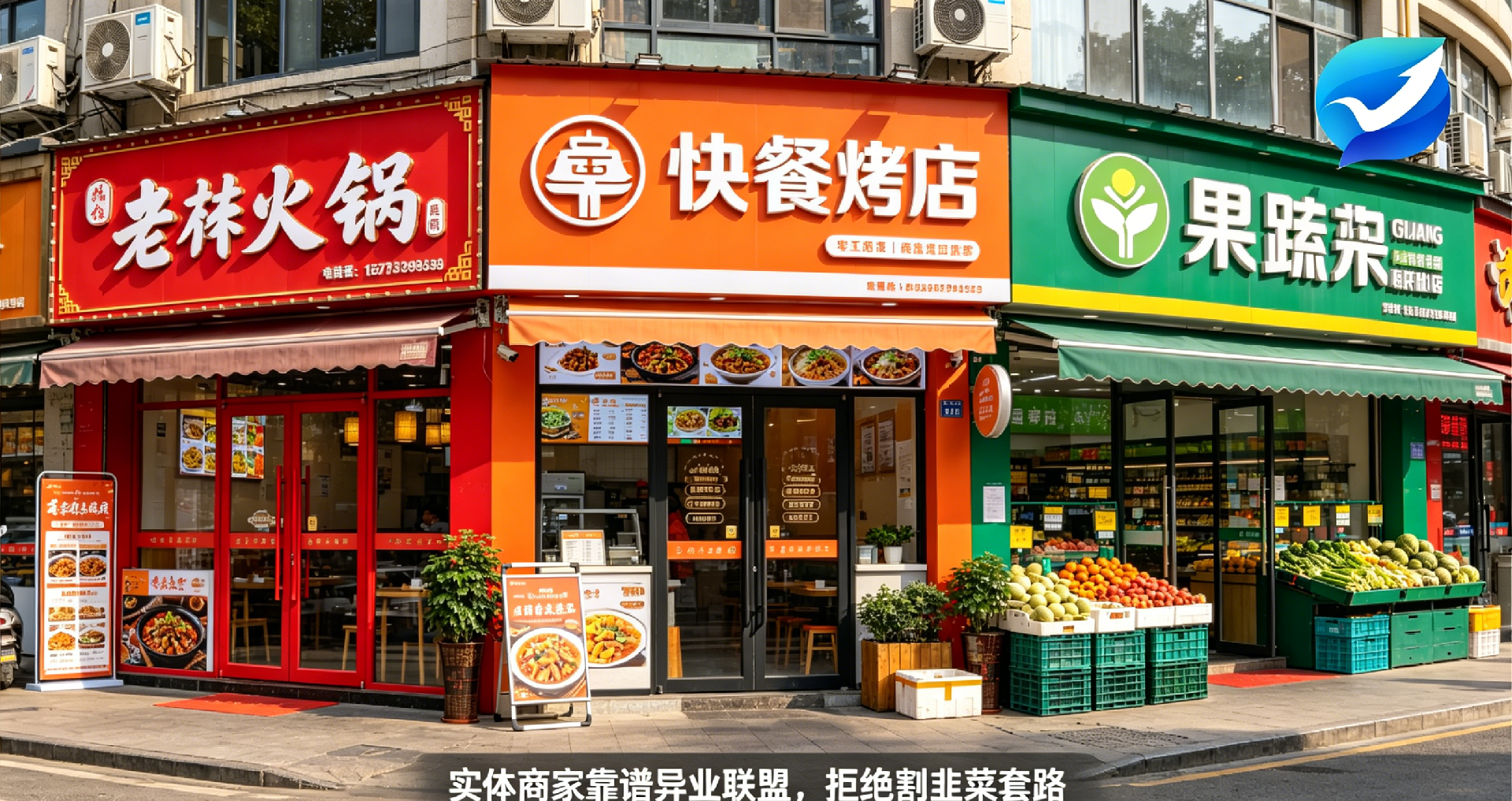 多张本地餐饮 / 生鲜 / 便利店实体商家门头实景拼接(火锅店、快餐店、果蔬店实拍门头)