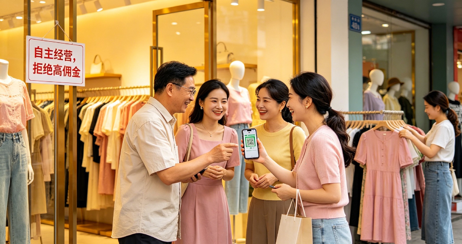 可持续共赢的本地生活生态，服装店生意红火，老板顾客愉快交流，无平台高佣金困扰