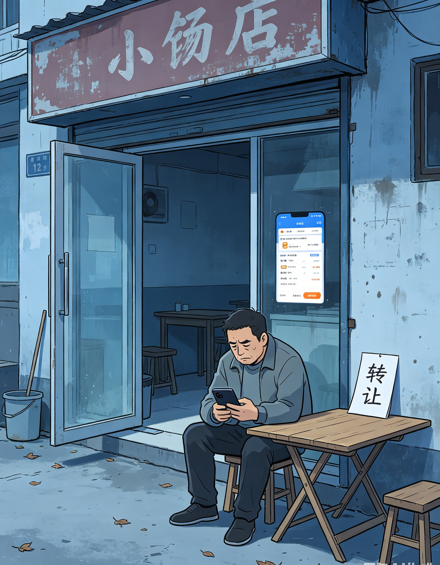 在消费模式迭代的今天,许多传统小型实体店正面临着前所未有的挑战。高成本的曝光投入、单一平台的依赖,以及微薄的利润空间,都让商家们倍感压力。此图描绘了一家生意冷清的小餐馆老板,正为订单稀少和经营成本而发愁,生动展现了传统引流方式的痛点与无奈。