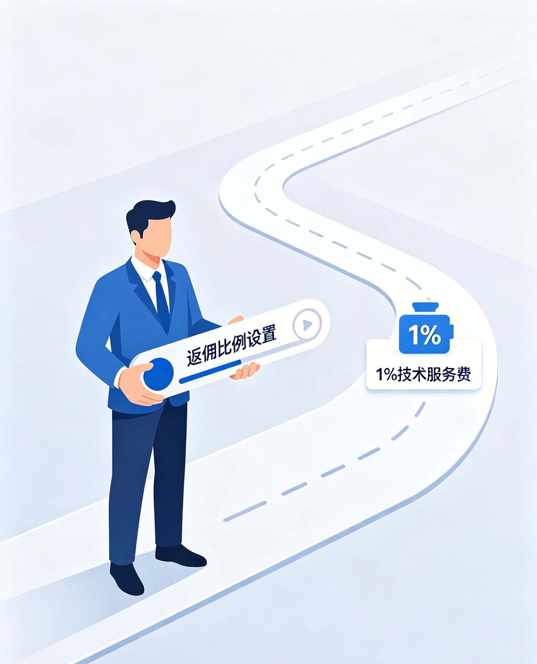 展示商家在系统后台自主调整返佣比例的操作页面，清晰呈现费用仅基于商家自定返佣部分计算，并非按订单全额扣费，突出商家拥有百分百定价与分配自主权