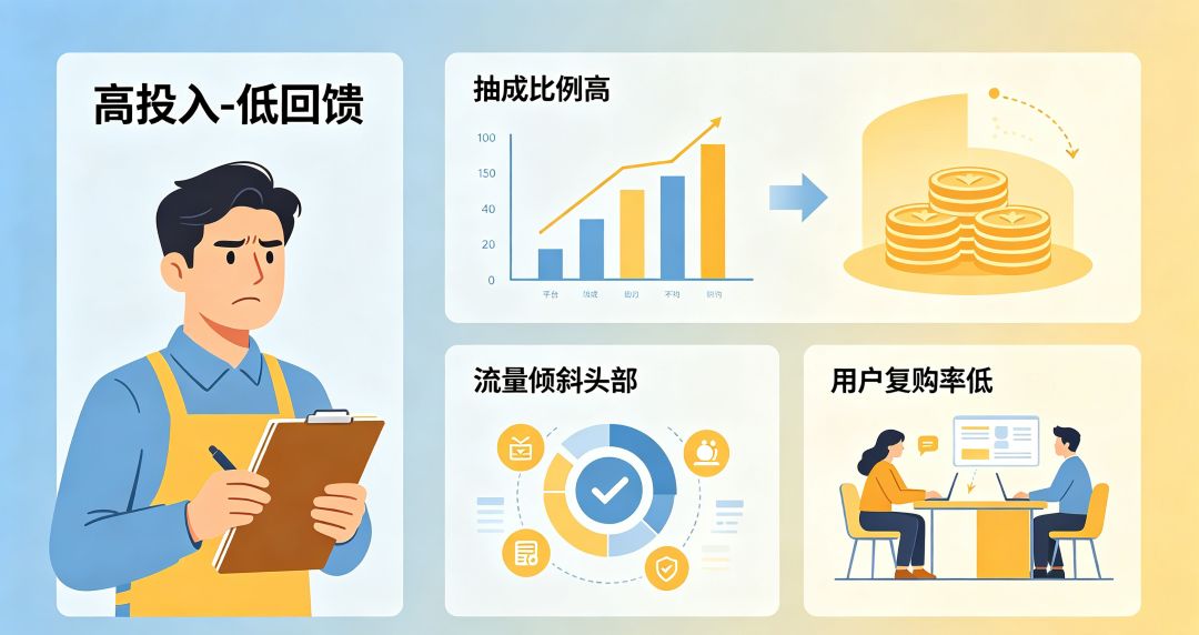 2026 本地生活实体店营收高利润低痛点图,解析中心化平台经营难题,中小商户生意流水好看净利微薄商业图解