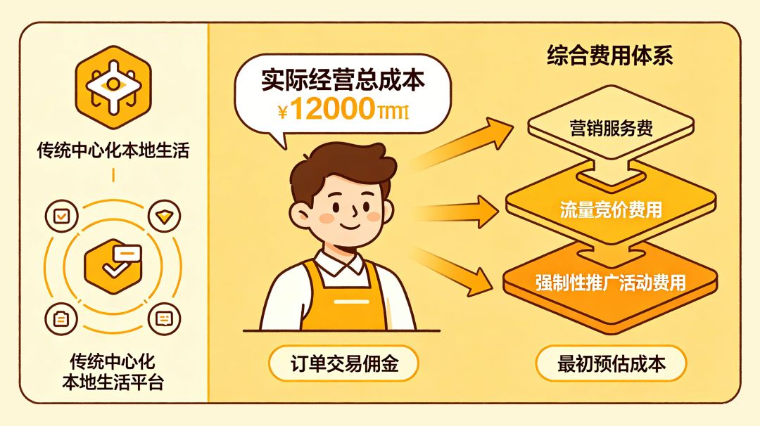 传统本地生活平台三大成本陷阱示意图,抽佣扣费、资金池风险、用户数据垄断三大商家盈利黑洞拆解图表