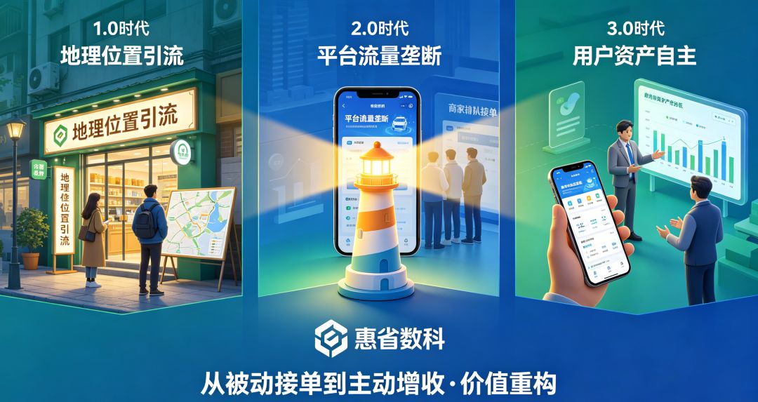 实体商家经营模式蜕变对比,2.0 被动接单为平台打工,3.0 依托惠省巴沉淀私域用户资产主动增收,摆脱流量垄断利润黑洞,打造属于门店自身可持续流量银行