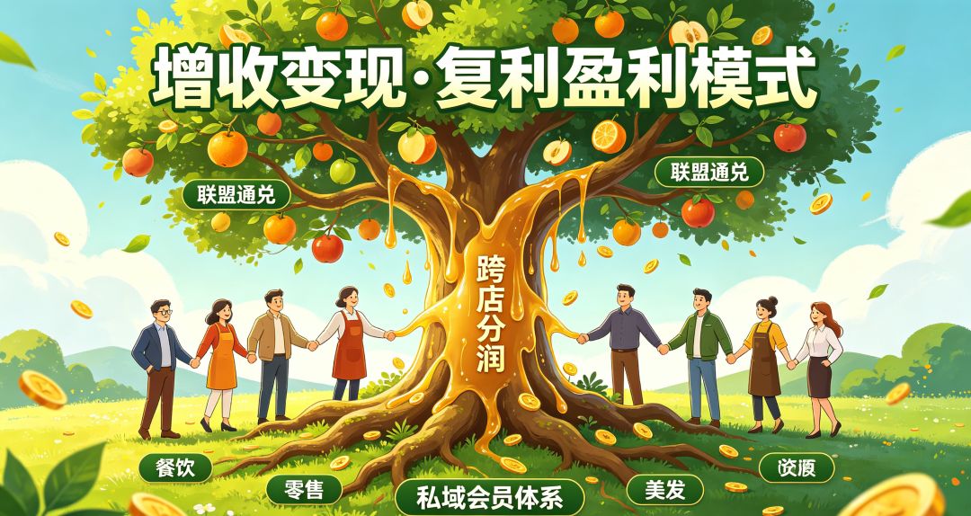 本地商业联盟全域经营可视化场景，展现实体店突破单店营收局限，依托粉丝终身绑定、跨店分润、联盟通兑机制实现资产增值。覆盖餐饮、零售、美发、商超多品类本地商家资源互通，激活存量消费需求，打造实体店持续复利的多元化盈利模式，适配本地商家增收转型宣传配图