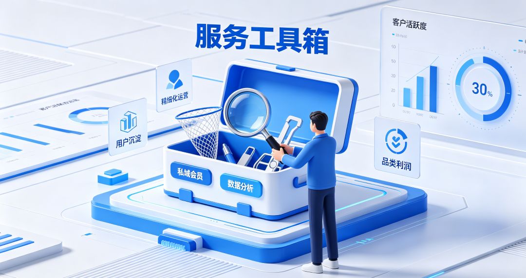 实体门店数字化运营后台场景，展示本地商家通过专属数字化工具箱搭建私域会员体系，记录用户消费数据与偏好，依托精细化数据分析优化经营策略。告别盲目买流量、被动卖单模式，实现精准营销、自主运营，构建实体店长效用户资产护城河，适配本地生活数字化运营科普配图