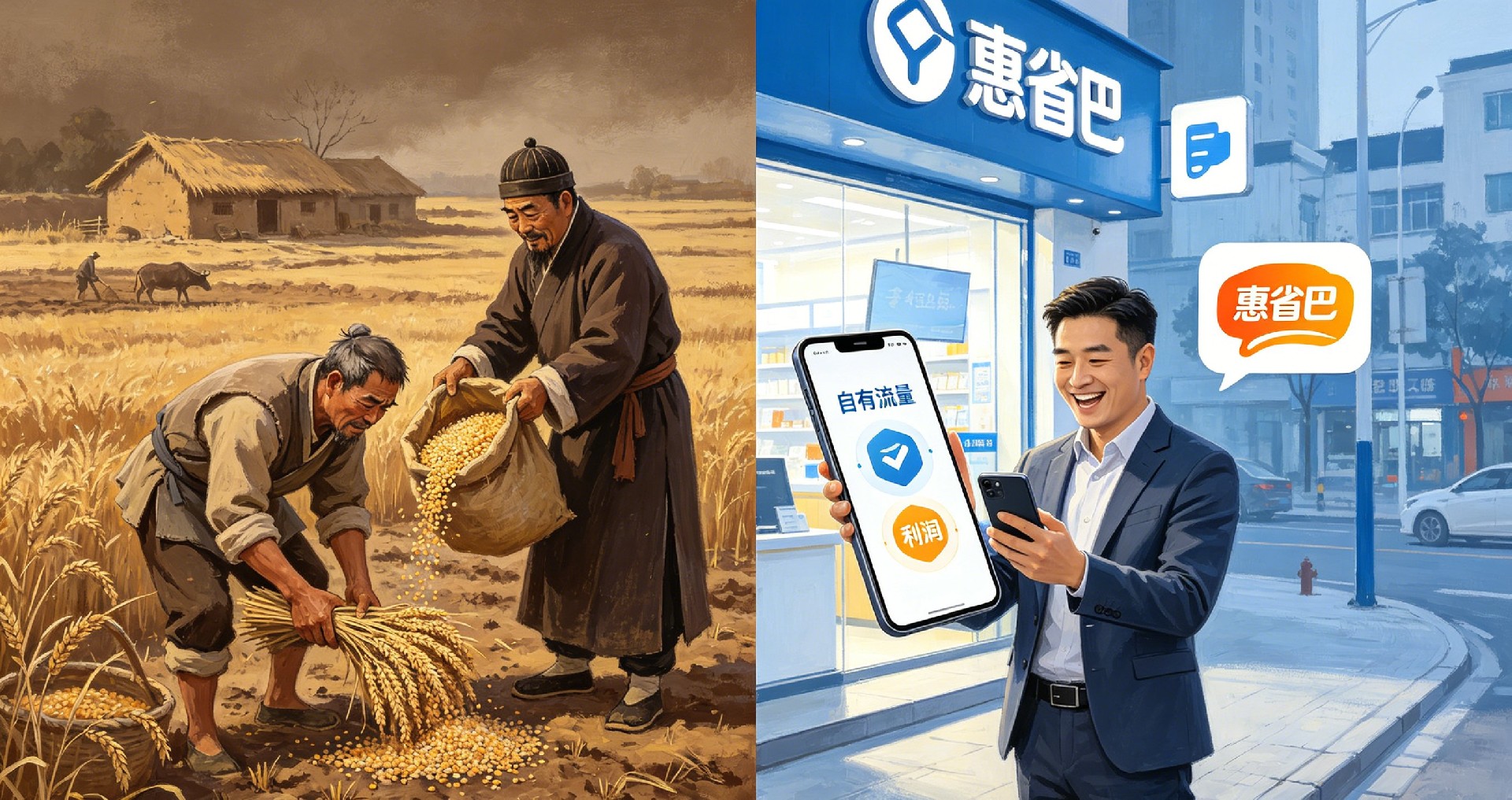 本地生活 3.0 时代,惠省数科去中心化模式破局。图片以 “数字土地革命” 为核心创意,左侧描绘封建农耕时代农民在地主土地上辛勤劳作却收获微薄的场景,右侧展现现代实体商家通过惠省巴生态系统,将手机中的自有流量(私域会员)转化为订单和利润,彻底摆脱中心化平台的 “地主式” 剥削。画面分割鲜明,对比强烈,直观传达 “从被剥削到自主盈利” 的主题变革。