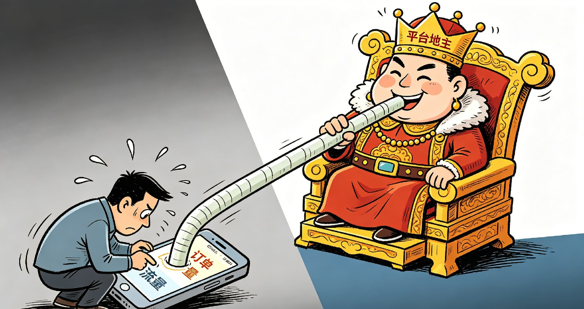 生动的漫画风格插画,深刻揭示 “数字时代,商家沦为平台‘数字农民’” 的残酷现实。画面中,一个现代商家(如店主)被巨大的 “平台地主” 所控制,商家手中的手机屏幕上显示着 “流量” 和 “订单”,但一条象征 “平台抽佣” 的巨大吸管正将手机中的利润源源不断地吸走,形象地诠释了 “流量被垄断,利润被收割” 的行业痛点