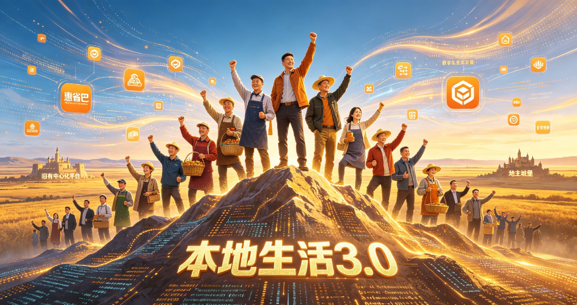 一幅宏大的 “数字农民翻身做主” 的胜利景象。画面中,众多实体商家代表(数字农民)站在一座象征 “本地生活 3.0” 的数字之巅,他们身后是惠省巴生态系统的广阔蓝图。每个人脸上都洋溢着自主经营、盈利增收的喜悦。远方,代表中心化平台的 “地主城堡” 正在黯淡,寓意着旧时代的落幕。整幅画面构图开阔,充满正能量,展望了 “商家当家做主、共建本地生活新生态” 的美好未来。