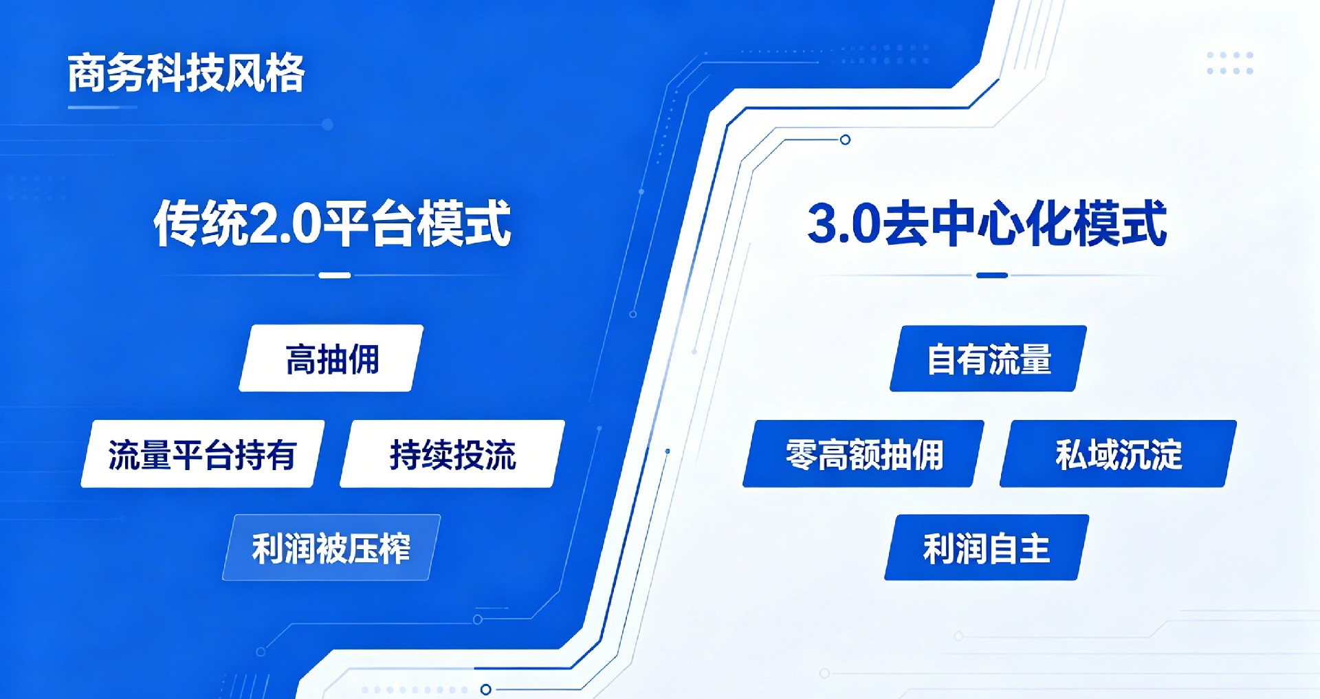 左：传统 2.0 美团等平台（高抽佣、流量平台持有、持续投流） 右：3.0 去中心化模式（自有流量、零高额抽佣、私域沉淀）