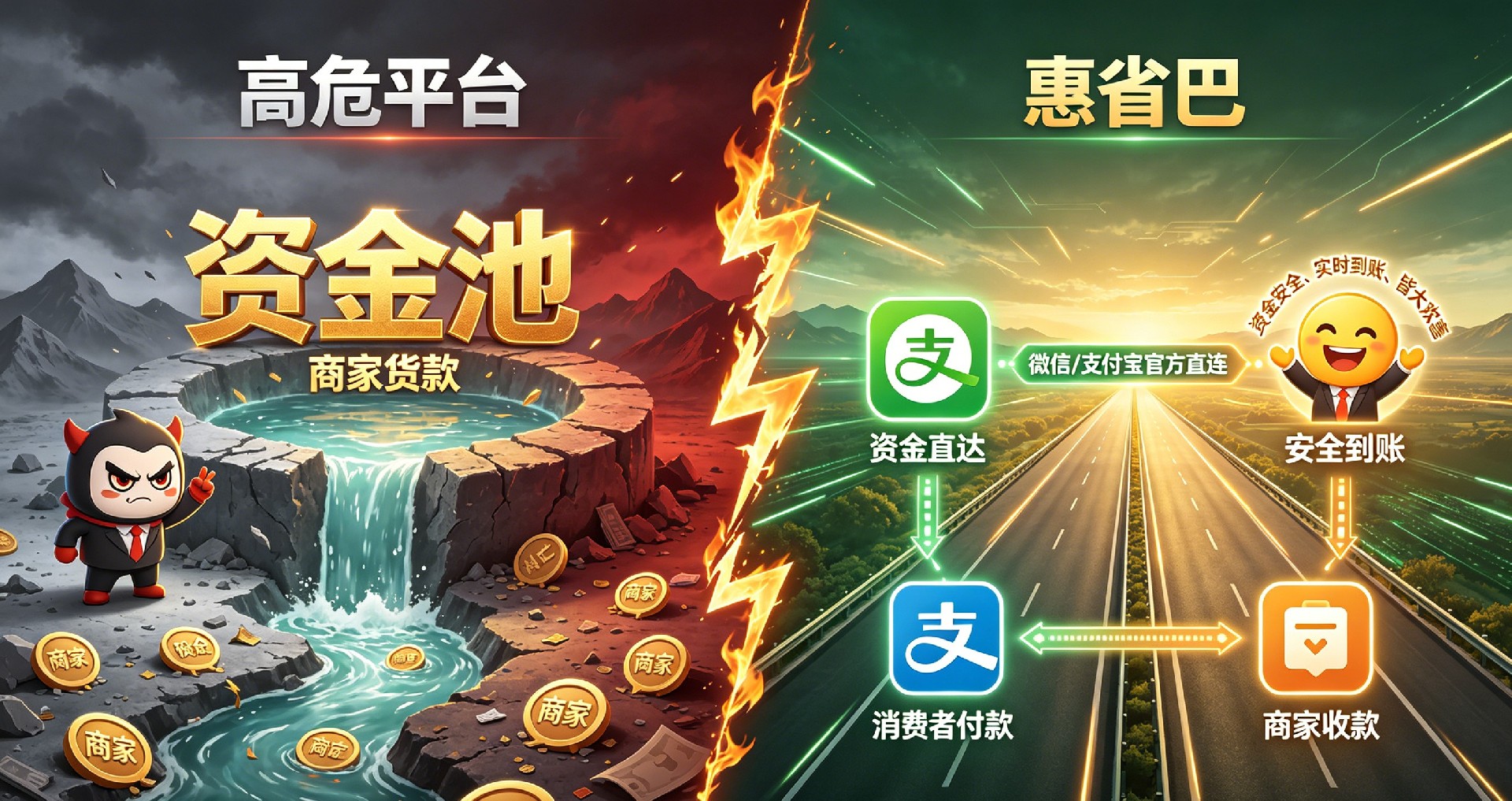 直观对比高危平台与惠省巴的资金流向。高危平台通过资金池归集商家货款，存在巨大的卷款跑路风险；而惠省巴直连微信、支付宝官方支付通道，资金实时直达商家个人账户，不经平台任何中转，从底层逻辑上确保了资金的绝对安全。
