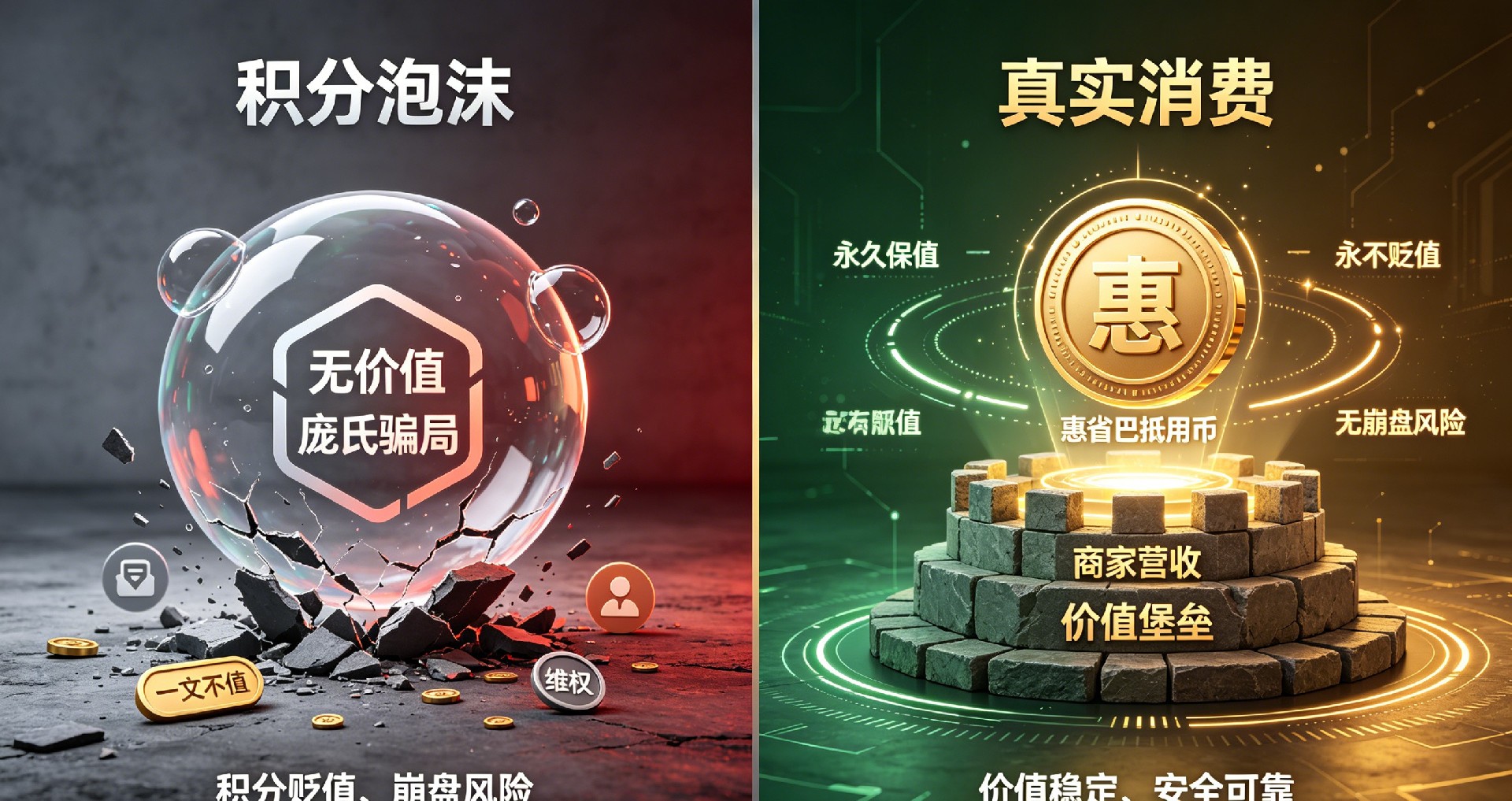 直观对比市面平台积分与惠省巴抵用币的价值差异。市面平台积分无实际价值兜底、无刚性价值支撑，是导致后期贬值崩盘、平台暴雷的核心根源；而惠省巴抵用币依托全门店真实商业营收兜底，是实体商家真实消费权益，并非平台虚拟数据，真正实现永久保值、永不贬值、无崩盘、无暴雷。